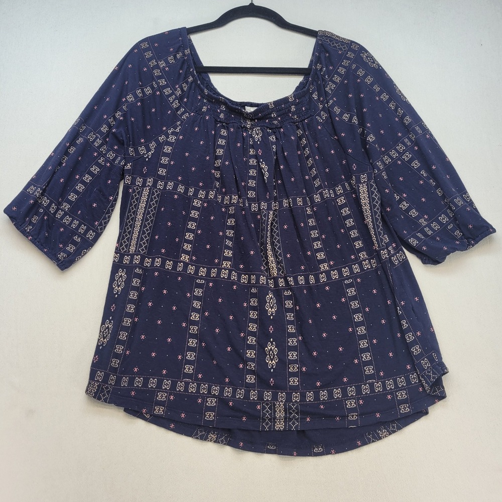 Maurices Peasant Top Women XXL Blue Boho Geometric 3/4 Sleeve Scoop Neck Blouse